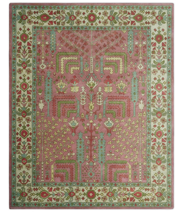 Traditional Floral Dark Peach, Beige and Green Hand Tufted wool Rug