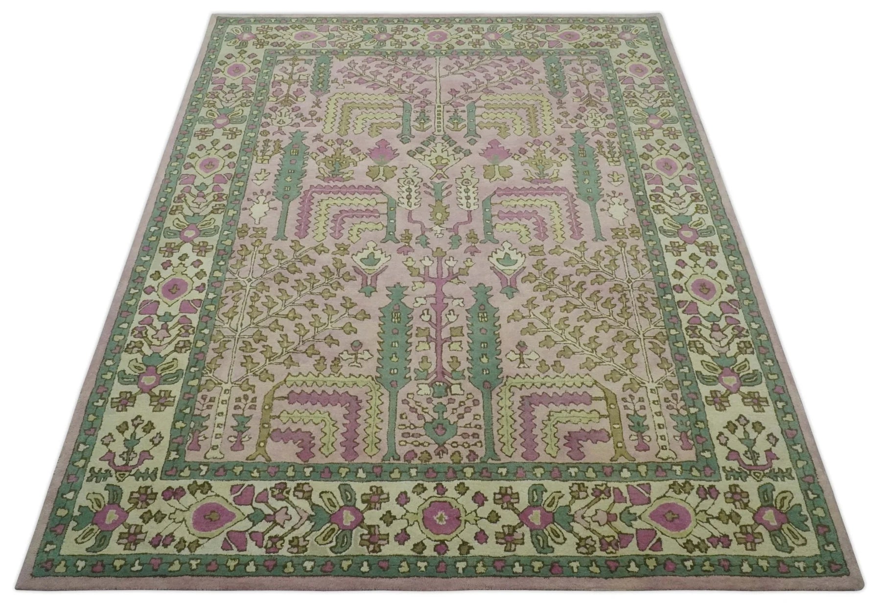 Custom Made Tree of life Traditional Floral Light Purple, Green, Olive, and Beige Hand Tufted wool Area Rug