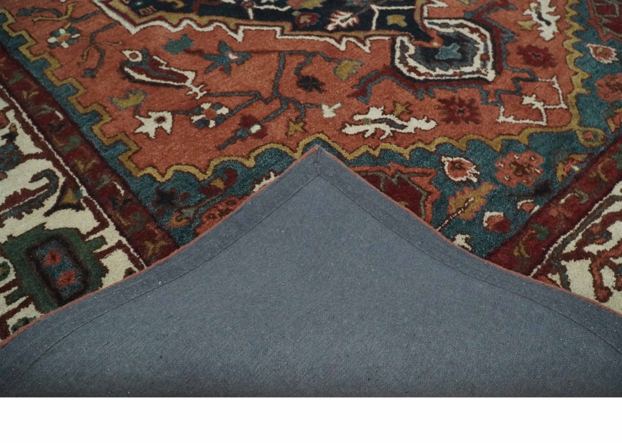 Custom Made Vintage Style Black, Rust, Teal and Ivory Hand Tufted Traditional wool Area Rug - The Rug Decor