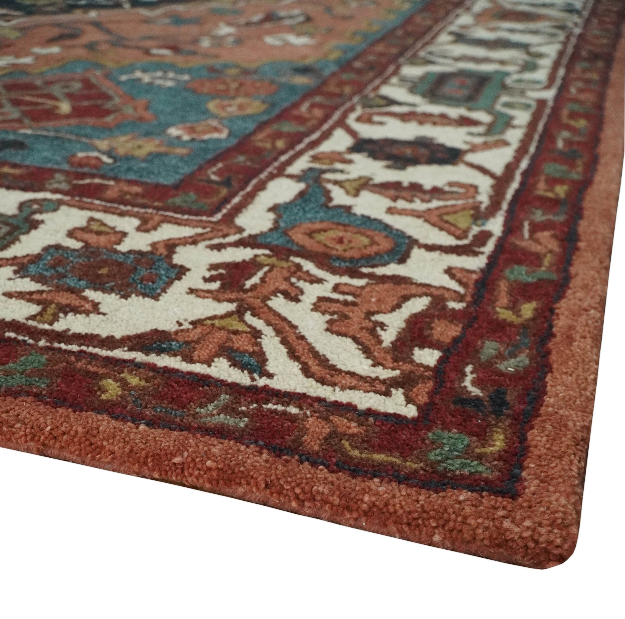 Custom Made Vintage Style Black, Rust, Teal and Ivory Hand Tufted Traditional wool Area Rug - The Rug Decor