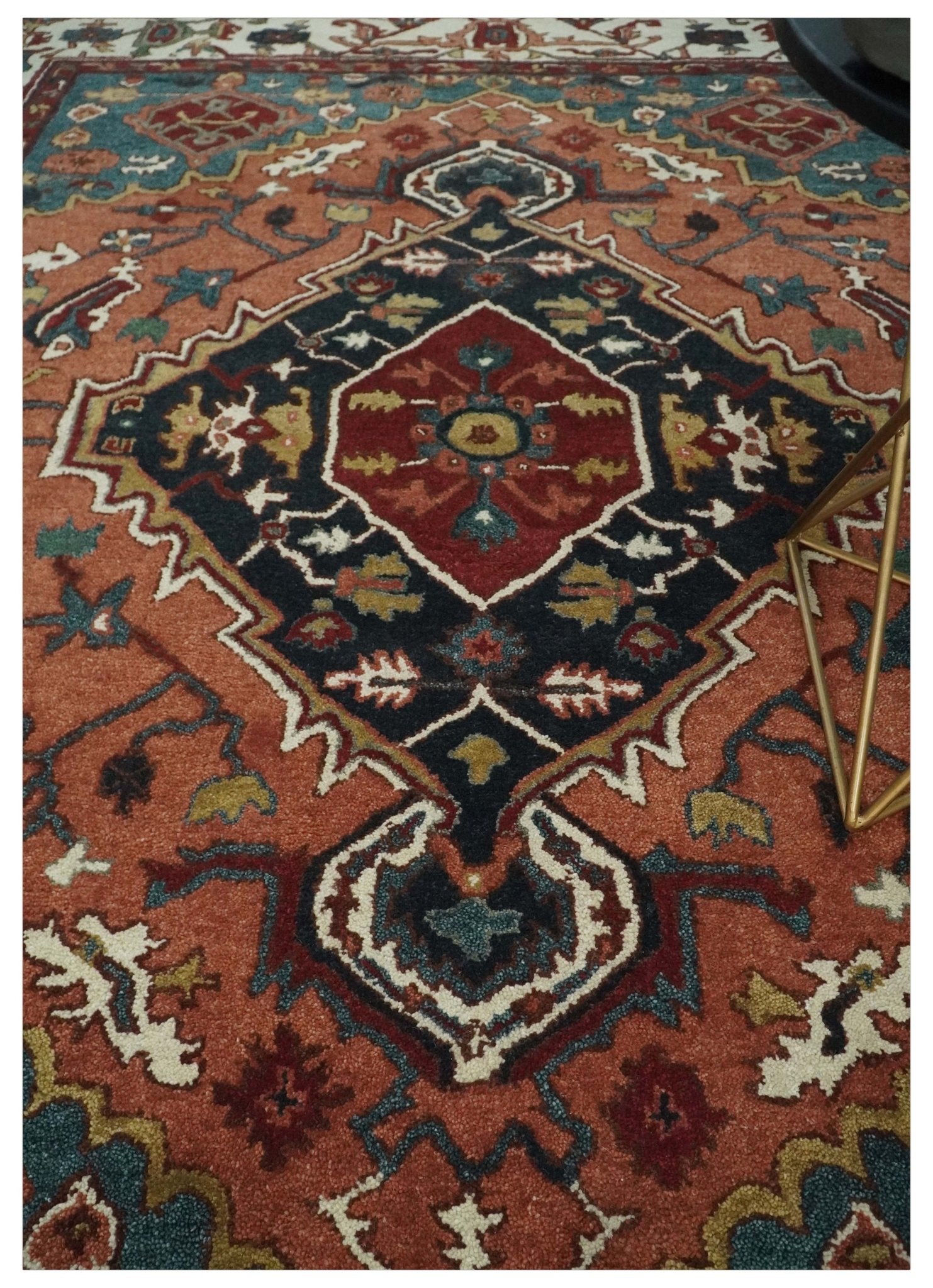 Custom Made Vintage Style Black, Rust, Teal and Ivory Hand Tufted Traditional wool Area Rug - The Rug Decor