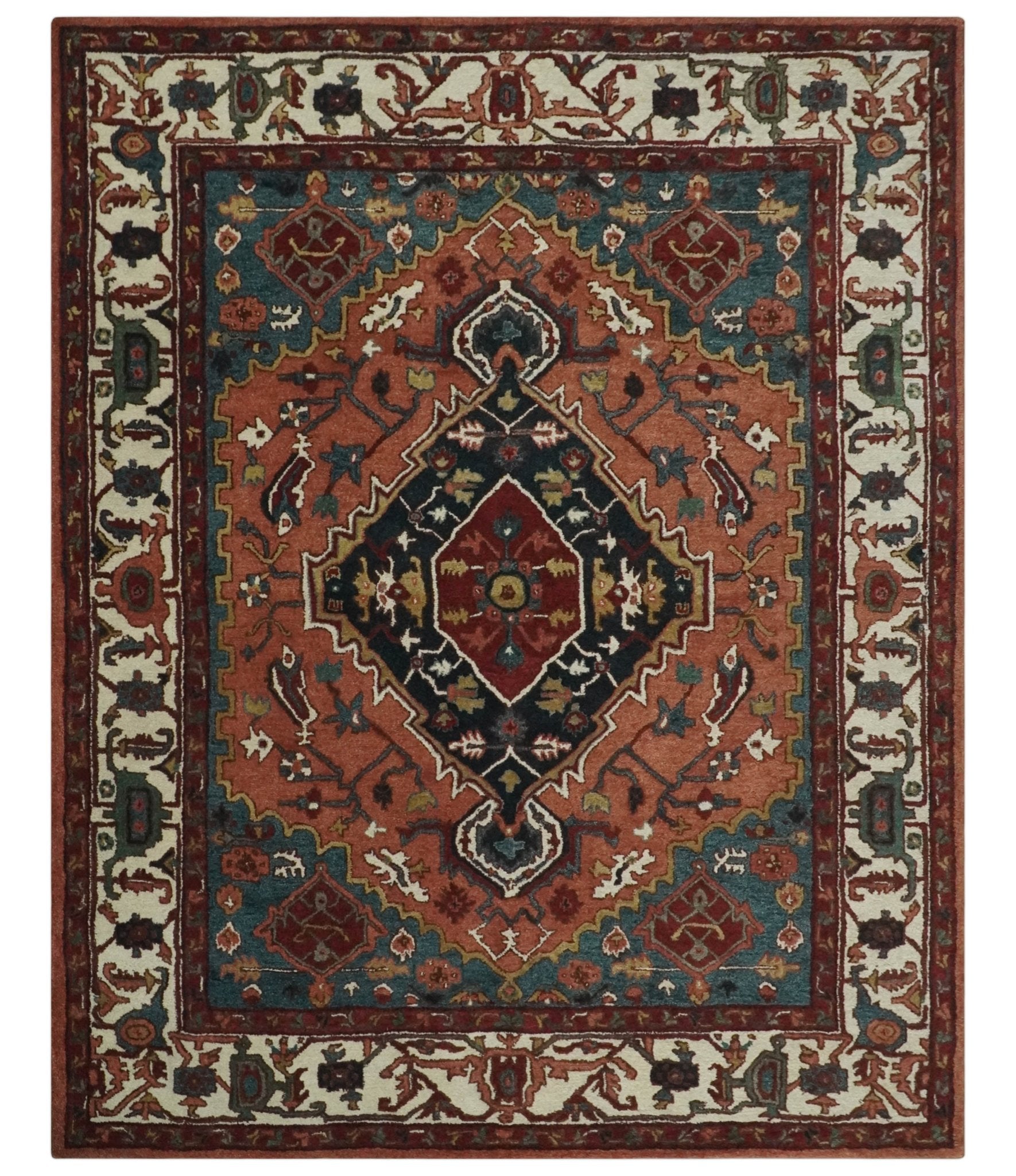 Custom Made Vintage Style Black, Rust, Teal and Ivory Hand Tufted Traditional wool Area Rug - The Rug Decor