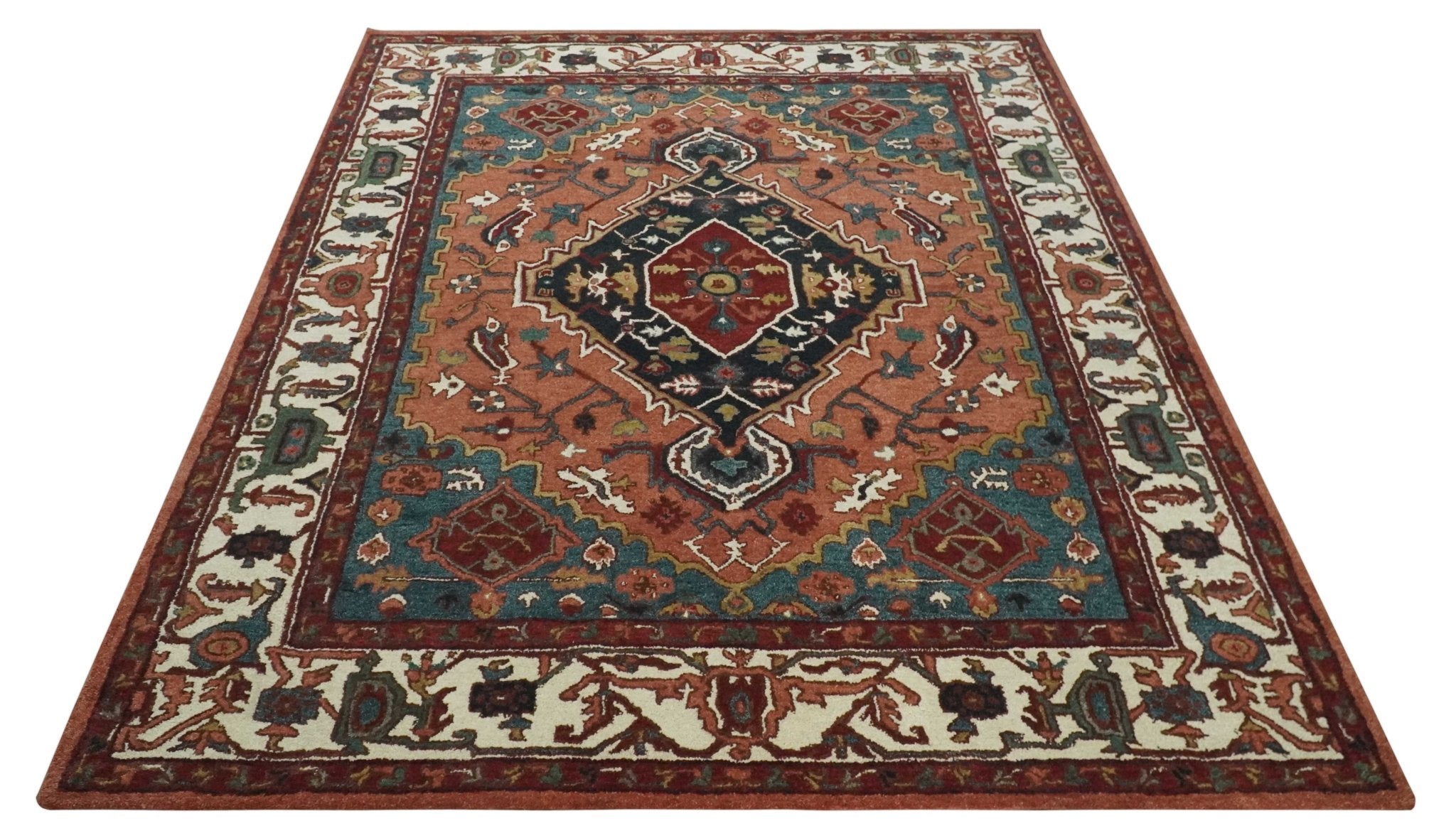 Custom Made Vintage Style Black, Rust, Teal and Ivory Hand Tufted Traditional wool Area Rug - The Rug Decor