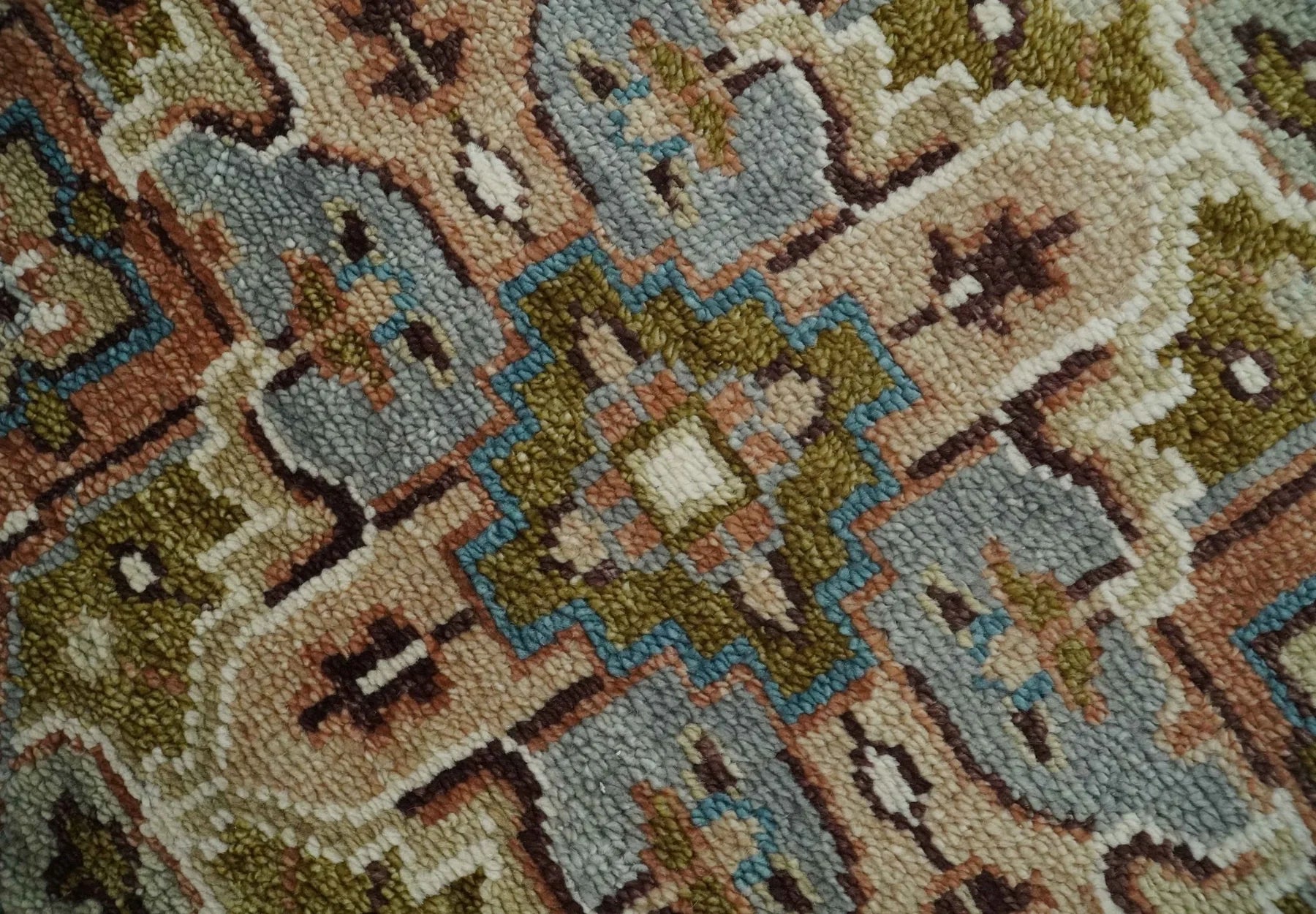 Custom Made Vintage Style Olive, Rust, and Ivory Hand knotted Traditional wool Area Rug