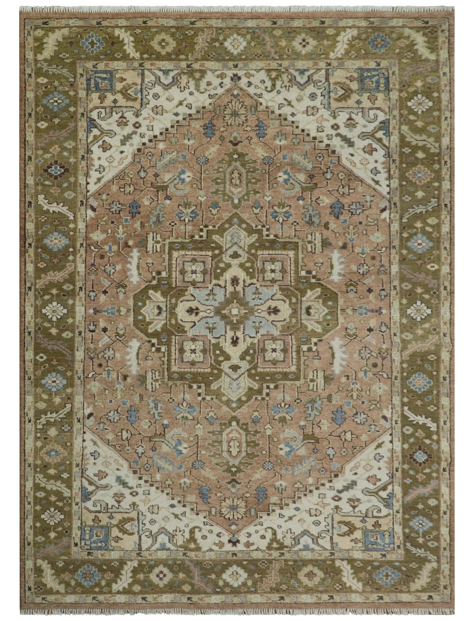 Custom Made Vintage Style Olive, Rust, and Ivory Hand knotted Traditional wool Area Rug