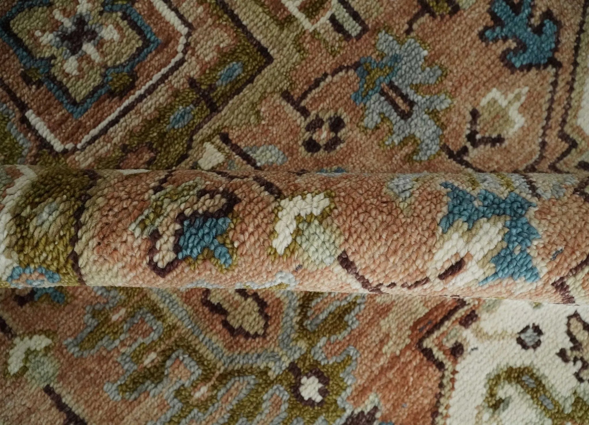 Custom Made Vintage Style Olive, Rust and Ivory Hand knotted Traditional wool Area Rug