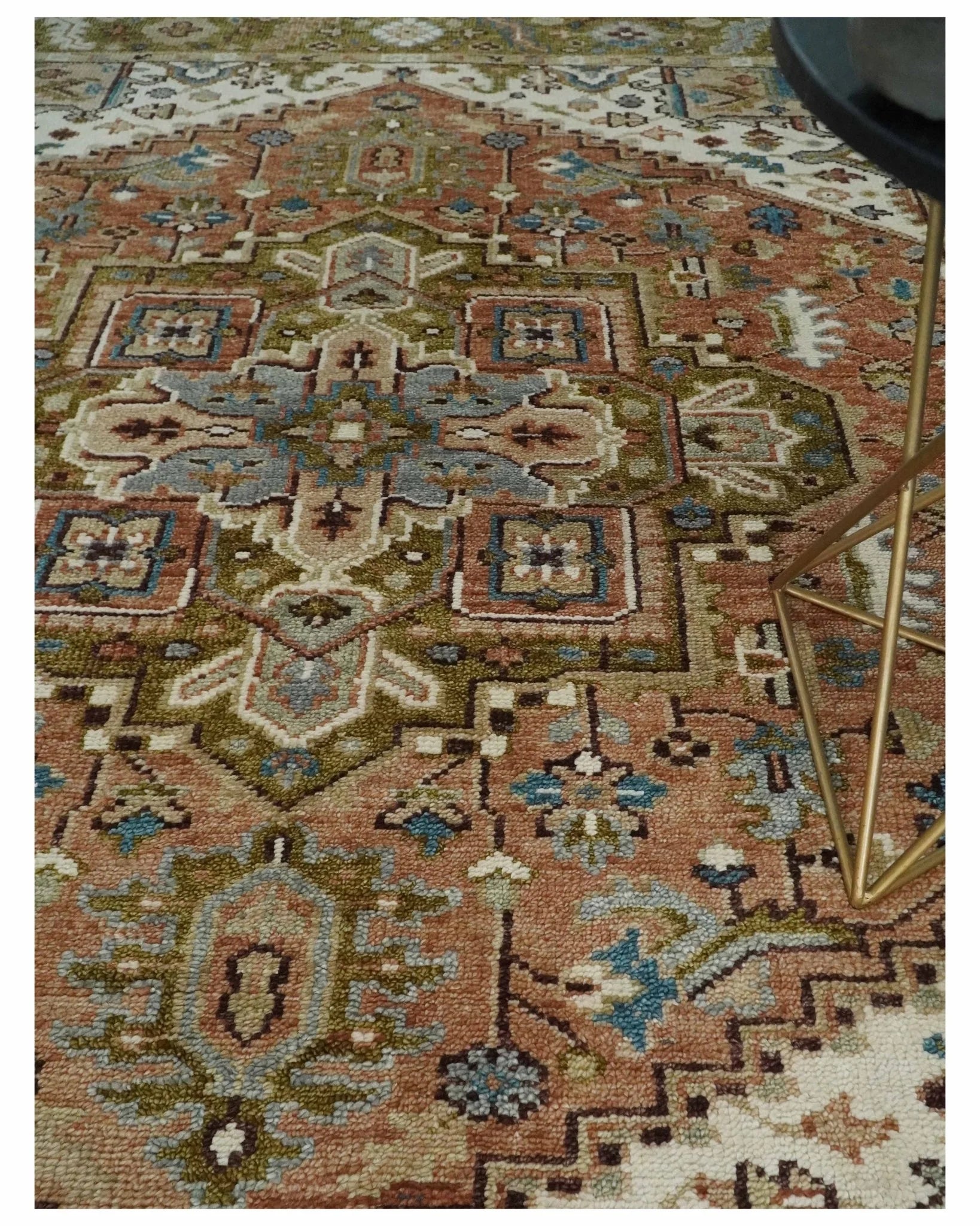Custom Made Vintage Style Olive, Rust, and Ivory Hand knotted Traditional wool Area Rug