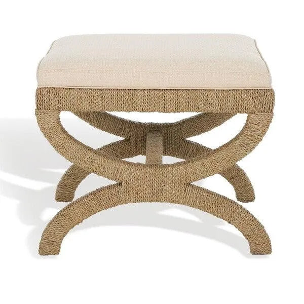 Safavieh Aikan Woven Ottoman in Natural/Beige with Boxy Cushion Seat