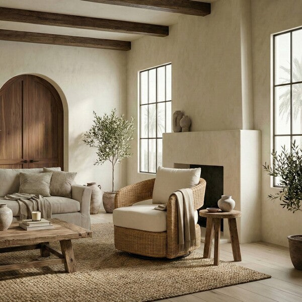 Leanna Rattan Swivel Accent Chair in Natural with White Cushion