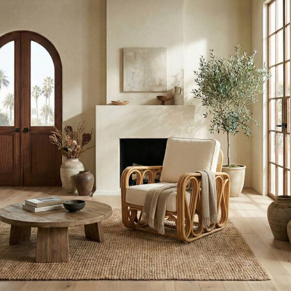 Malina Rattan Pole Accent Chair in Natural with White Cushion
