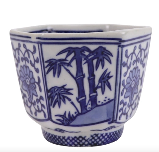 Small Hexagonal Blue/White Floral/Bamboo Cup - Set of 6 - The Mayfair Hall