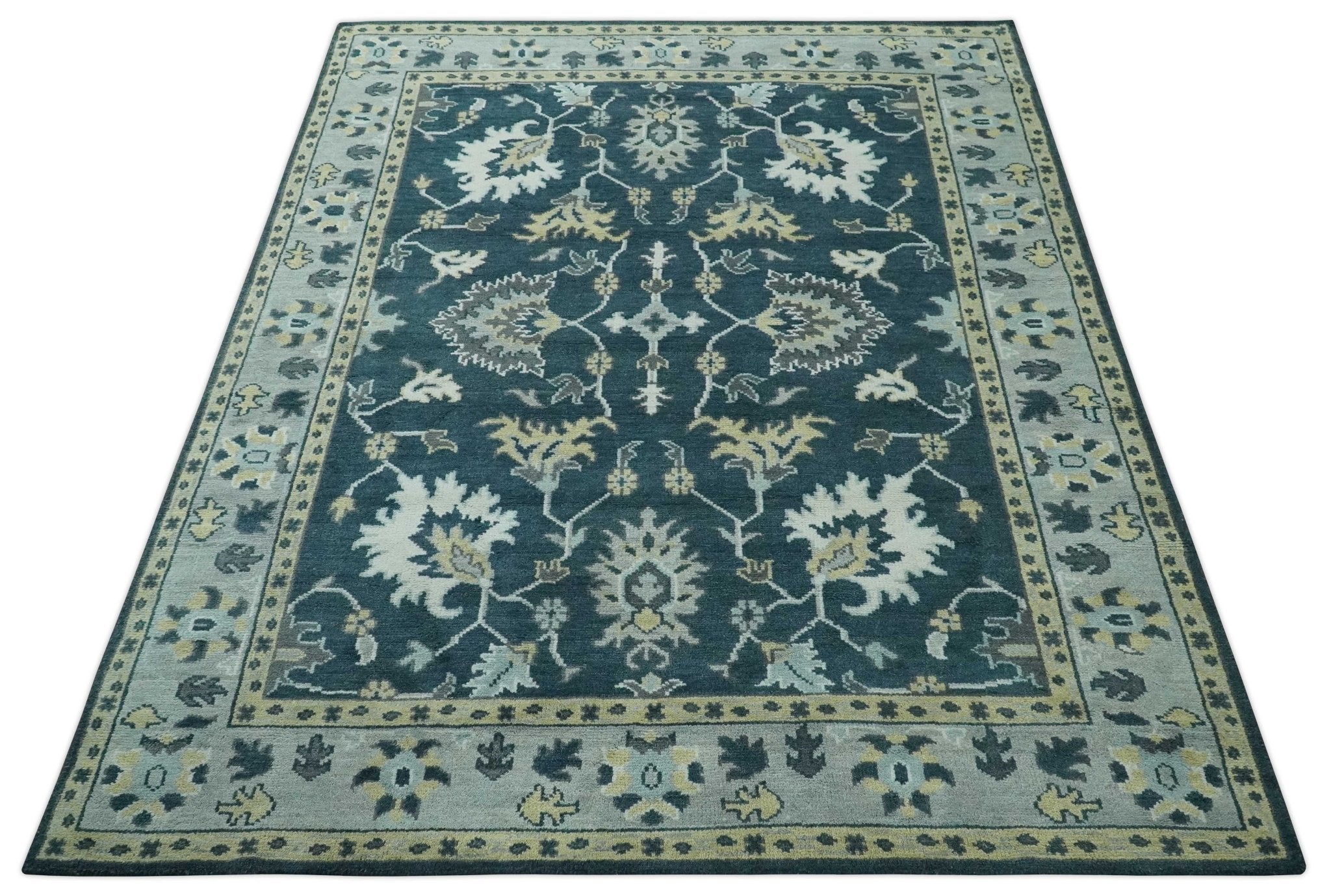 Dark Teal, Silver, Blue and Ivory Hand Knotted Traditional Oushak Multi Size Area Rug - The Rug Decor