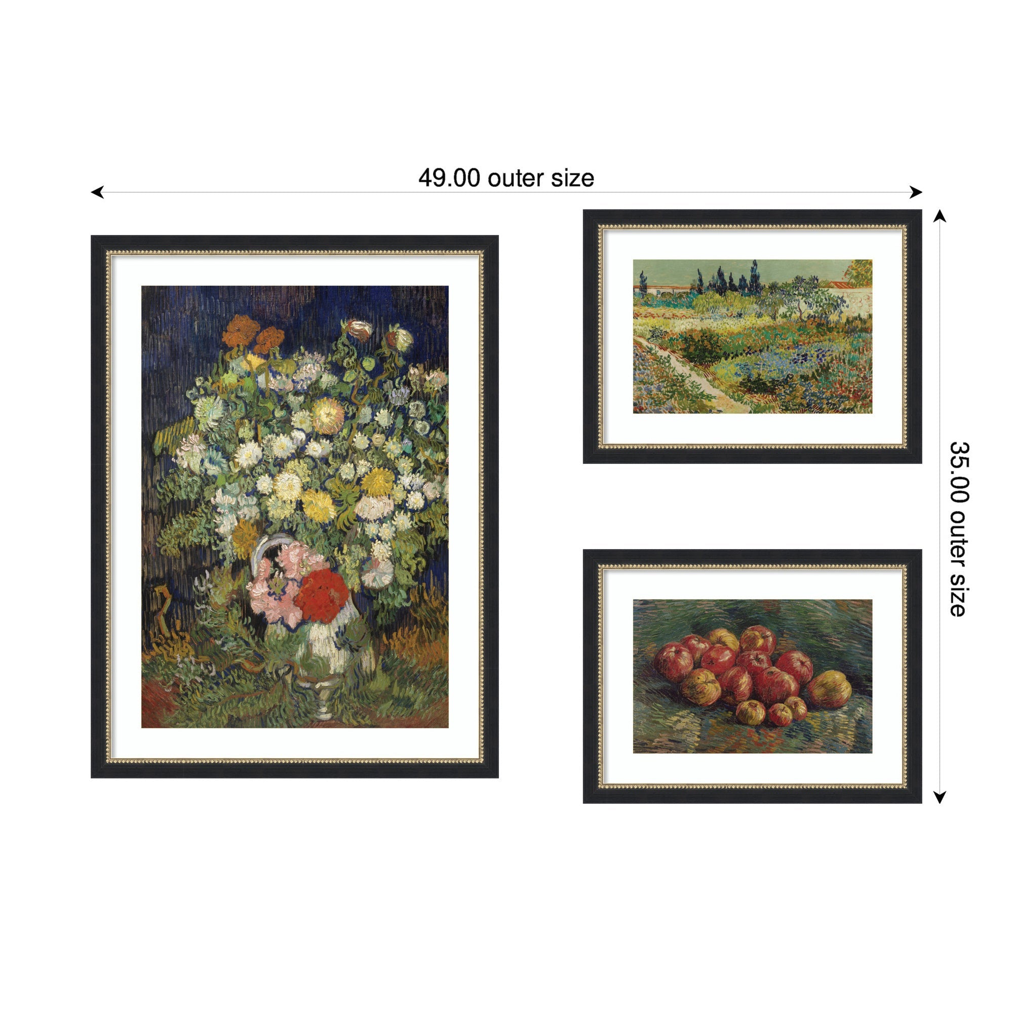 Apples 1887, Bouquet of Flowers in a Vase 1890, & Garden at Arles by Vincent Van Gogh 3 Piece Framed Wall Art Print Set by Nostalgia Prints