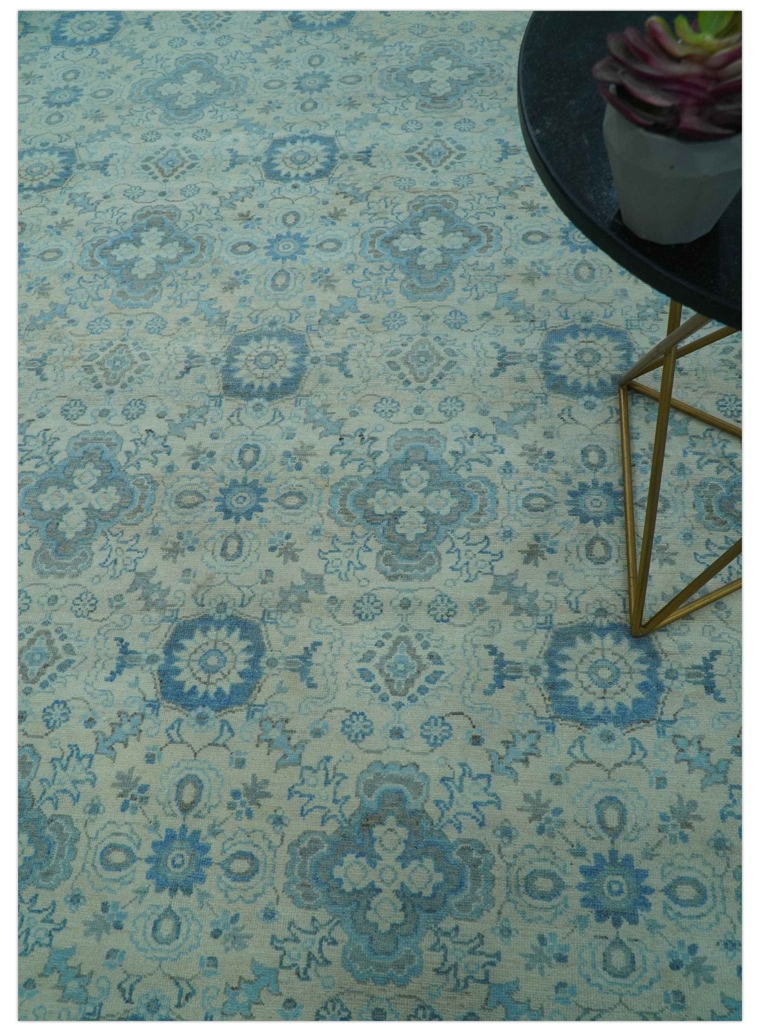 Distressed Hand Knotted Blue And Beige Oriental Design 8x10 Wool Area Rug