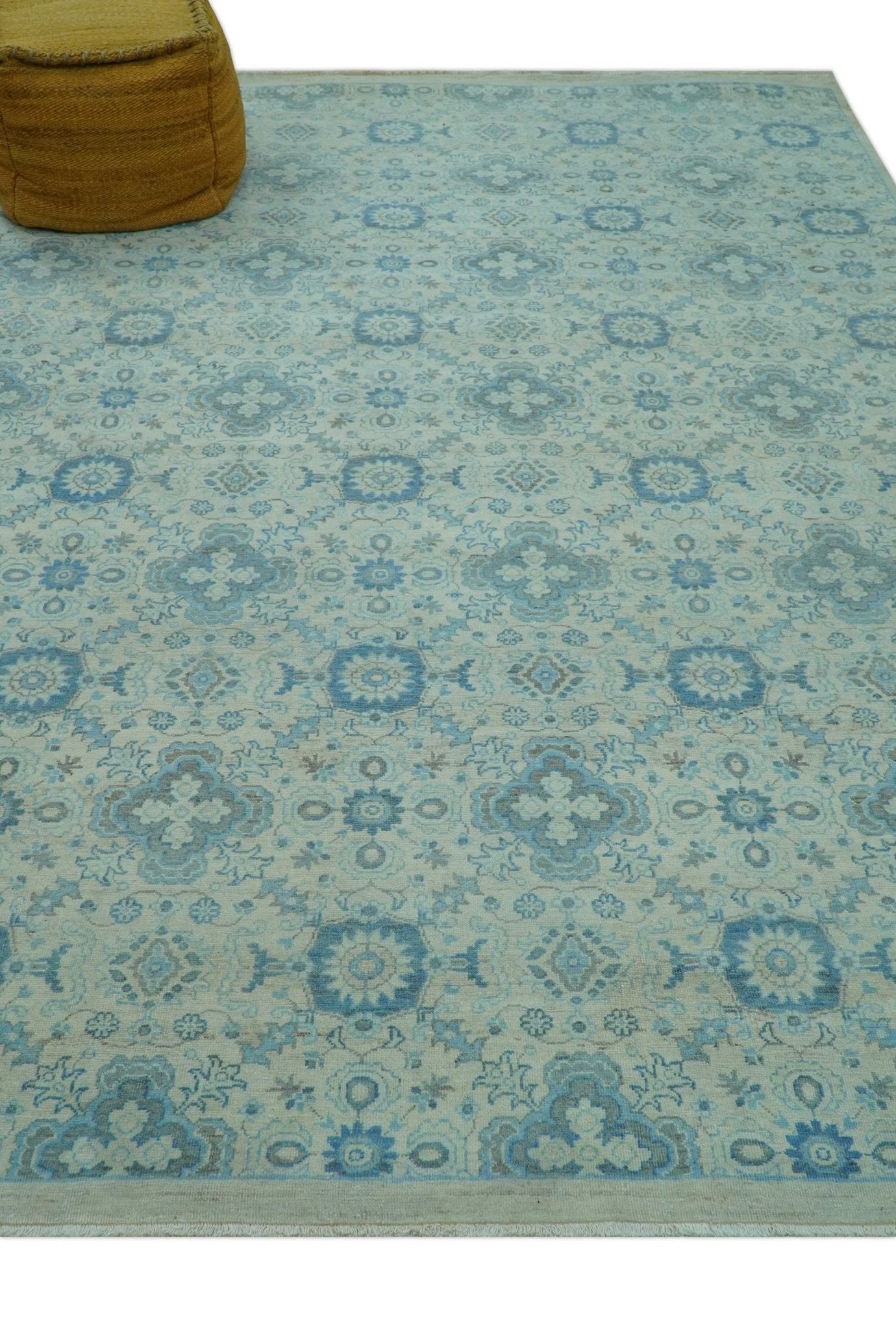 Distressed Hand Knotted Blue And Beige Oriental Design 8x10 Wool Area Rug