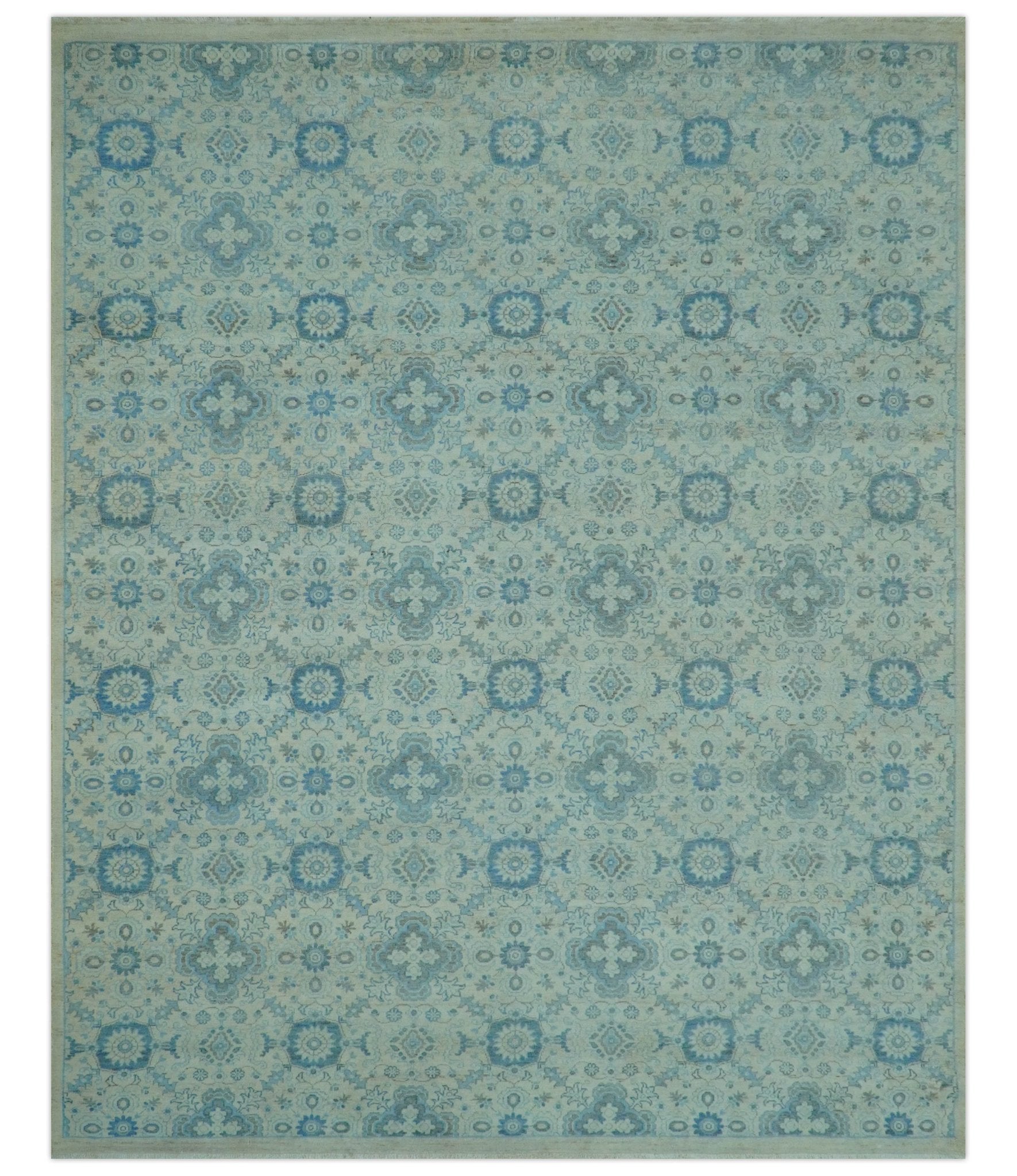 Distressed Hand Knotted Blue And Beige Oriental Design 8x10 Wool Area Rug