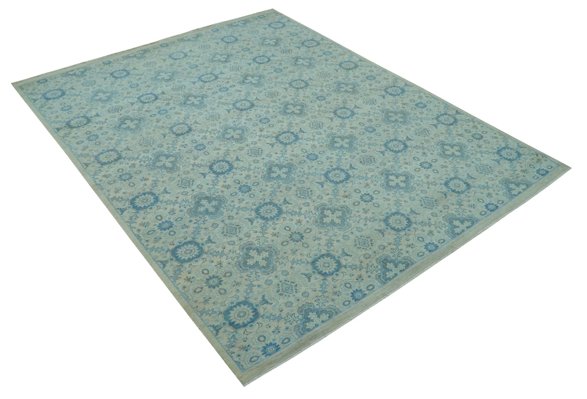 Distressed Hand Knotted Blue And Beige Oriental Design 8x10 Wool Area Rug