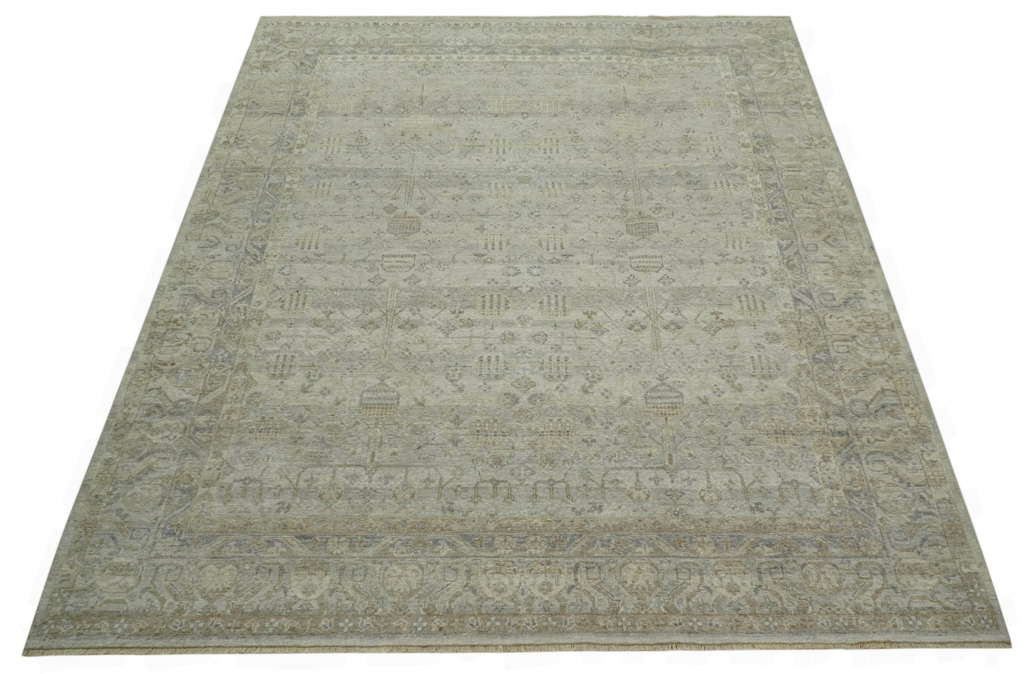Distressed Silver And Beige Hand Knotted khotan design Custom Made wool area rug - The Rug Decor