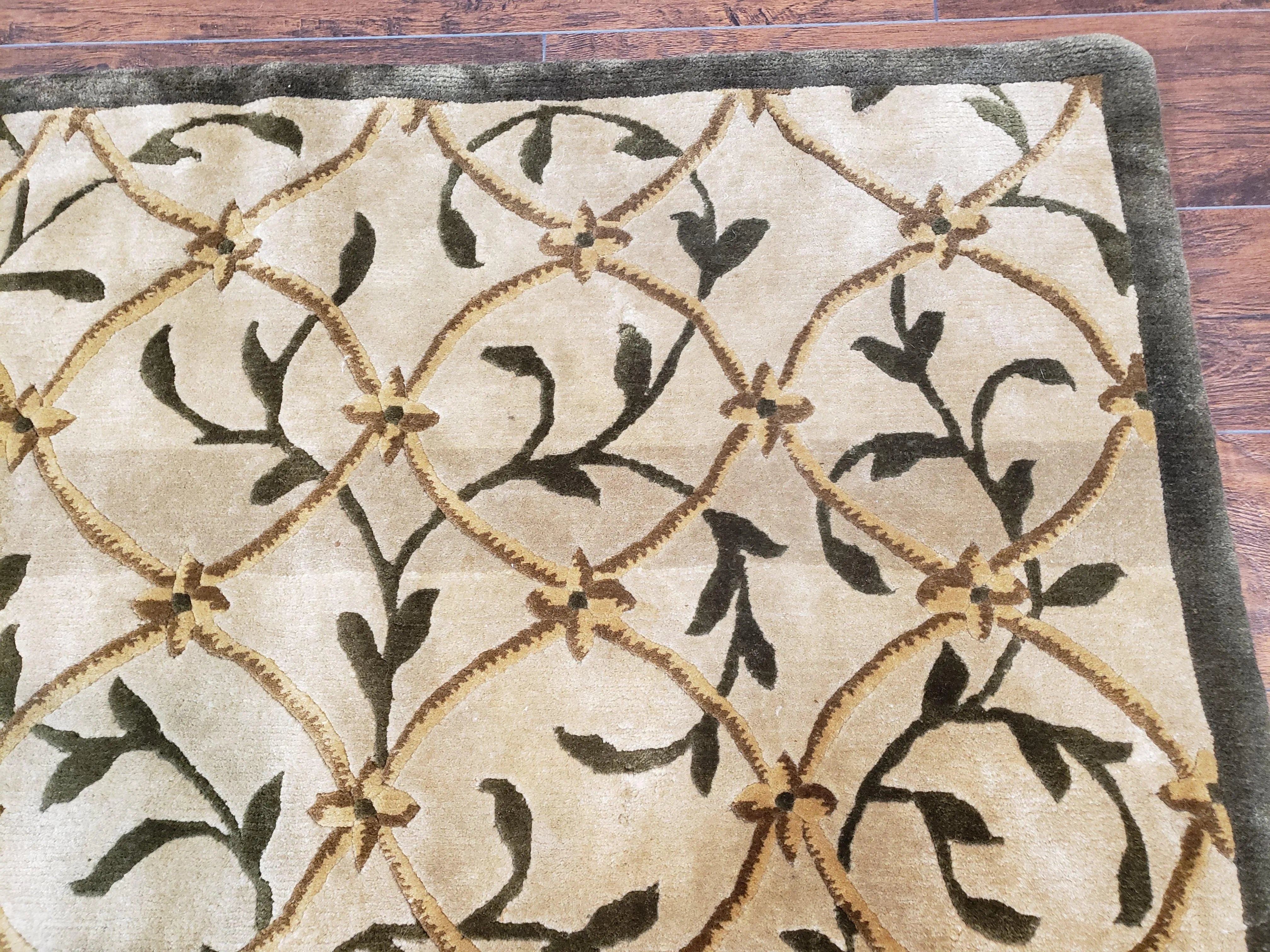 Vintage Tibetan Nepalese Area Rug 9x12, Wool Hand-Knotted, Beige Nepali Soft Pile Carpet, 9 x 12 Living Room Modern Dining Room Rug