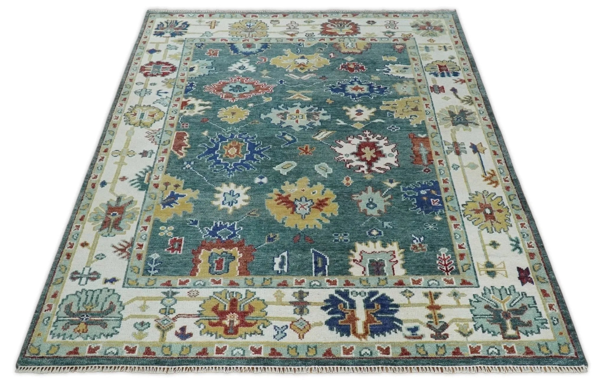 8x10 All Wool Traditional Persian Blue Teal and Ivory Vibrant Colorful Hand knotted Oushak Area Rug