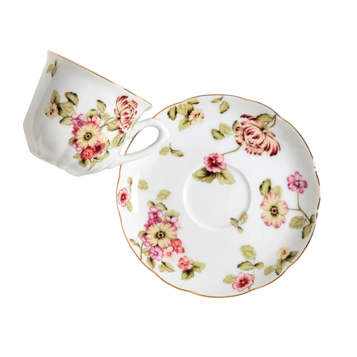 Flor do Ocidente Porcelain Espresso Cup & Saucer with Gold Accents by Tania Bulhões — Set of 4