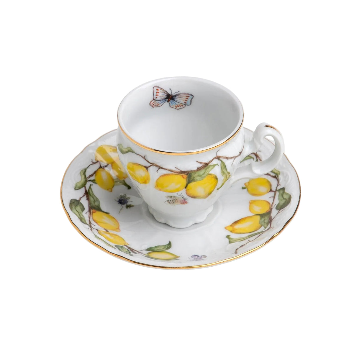 Limoeiro Porcelain Espresso Cup & Saucer with Gold Accents by Tania Bulhões