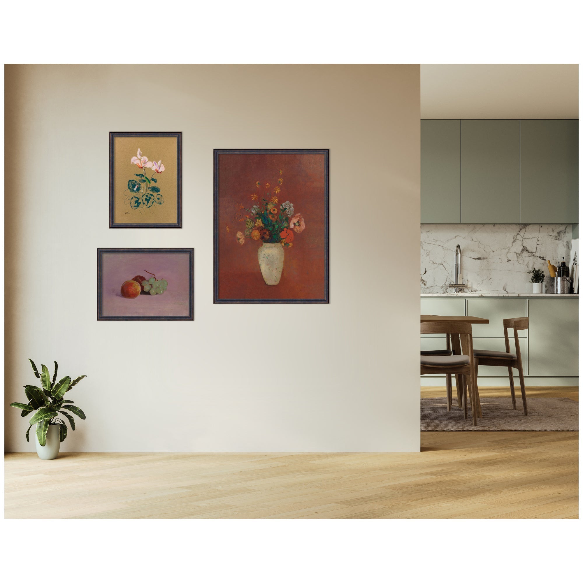 Cyclamen, Still Life with Fruit, & Bouquet in a Chinese Vase Odion Redo 3 Piece Framed Wall Art Print Set by Nostalgia Prints