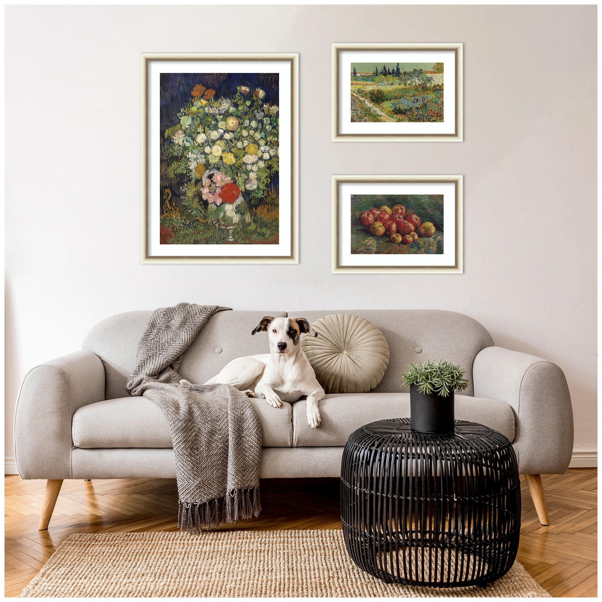 Apples 1887, Bouquet of Flowers in a Vase 1890, & Garden at Arles by Vincent Van Gogh 3 Piece Framed Wall Art Print Set by Nostalgia Prints