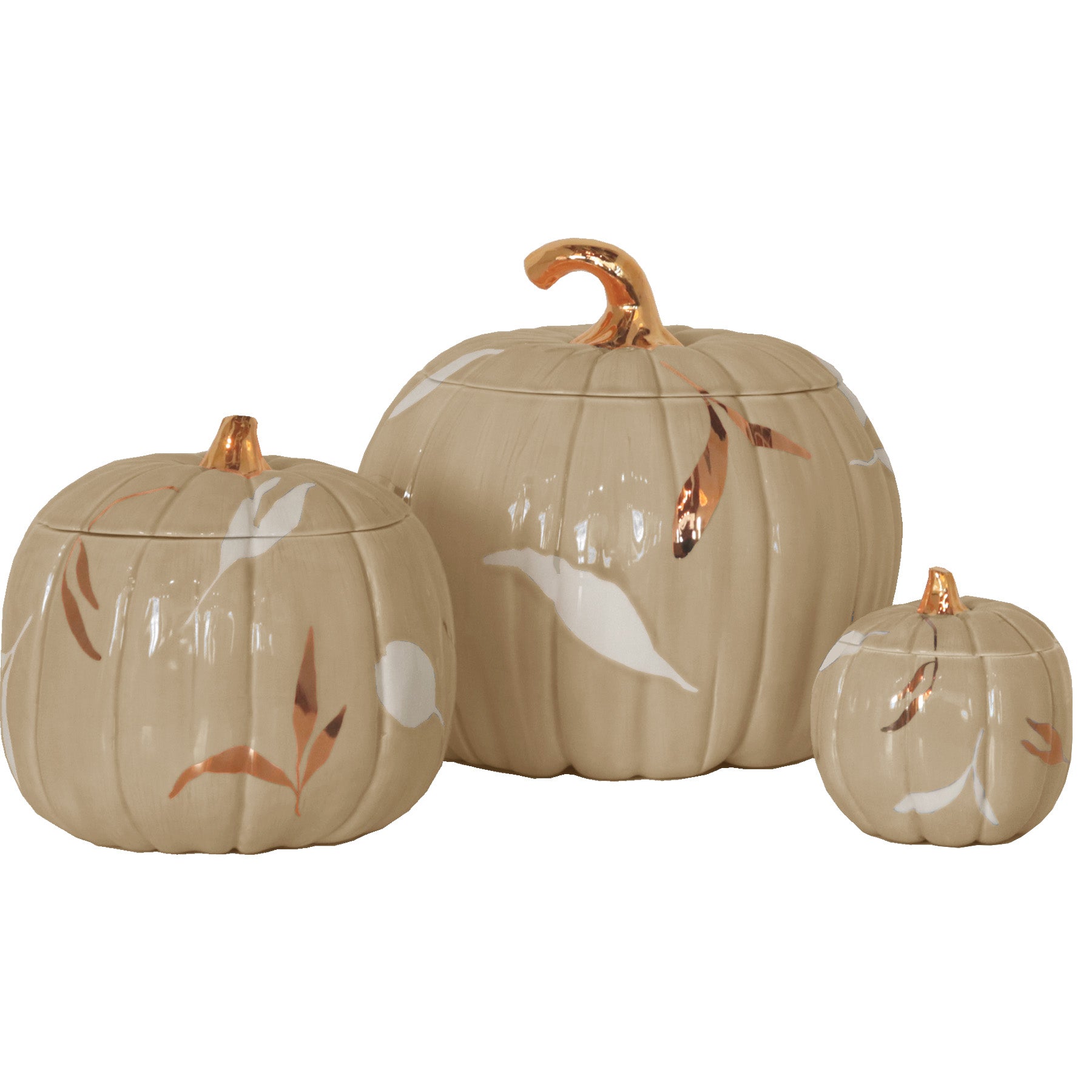 Layered Leaves Pumpkin Jars in Sand with 22K Gold Accents