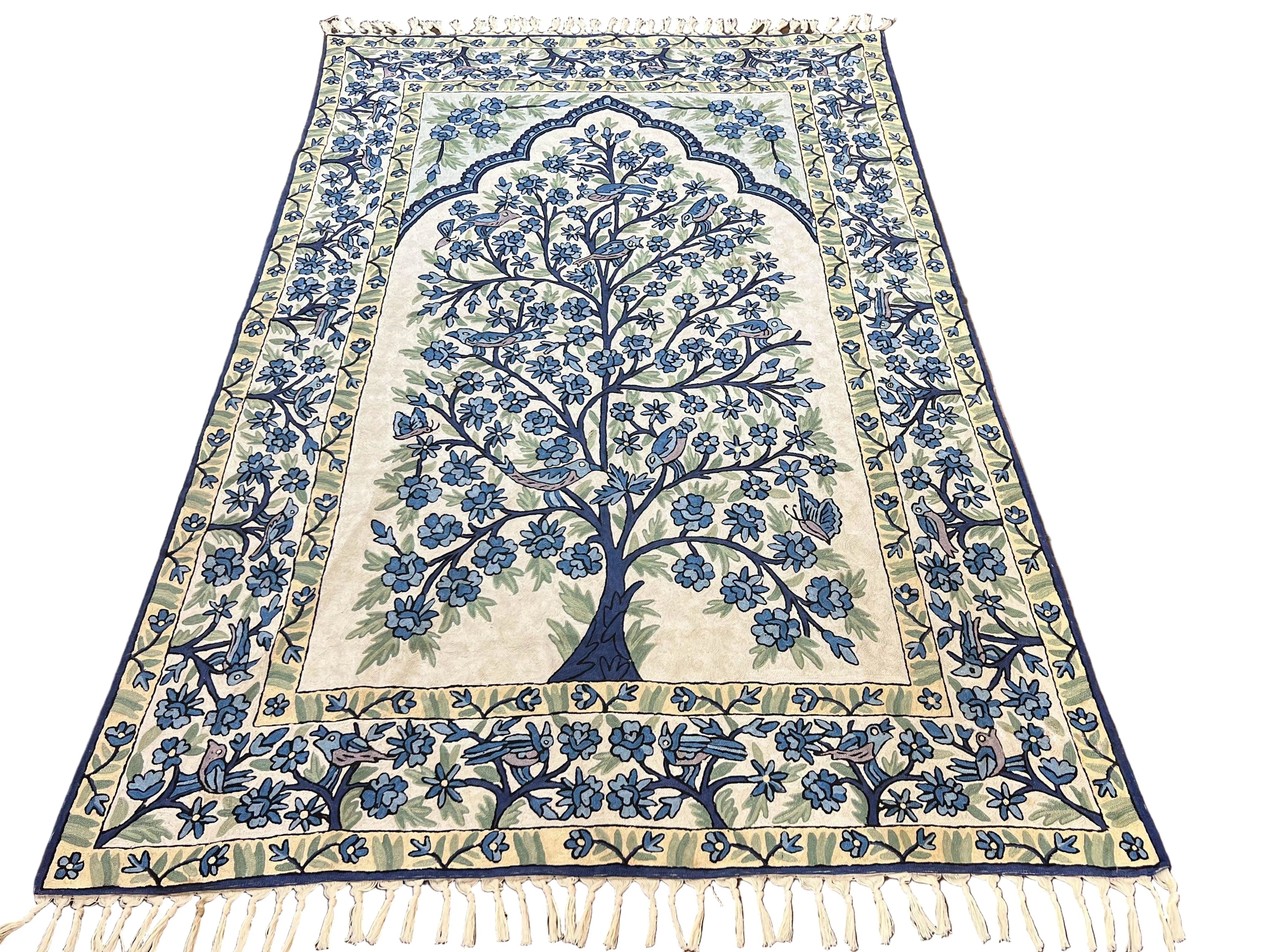 Tree of Life Indian Hand Stitched Rug 4x6, Indian Wall Hanging Rug, Ivory Blue, Silk on Cotton, Vintage