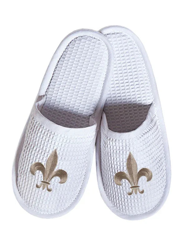 Slippers, Waffle Weave, Fleur de Lis (Beige) - The Mayfair Hall