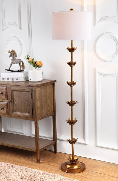 Landen Leaf Metal Floor Lamp in Antique Gold with Off-White Shade