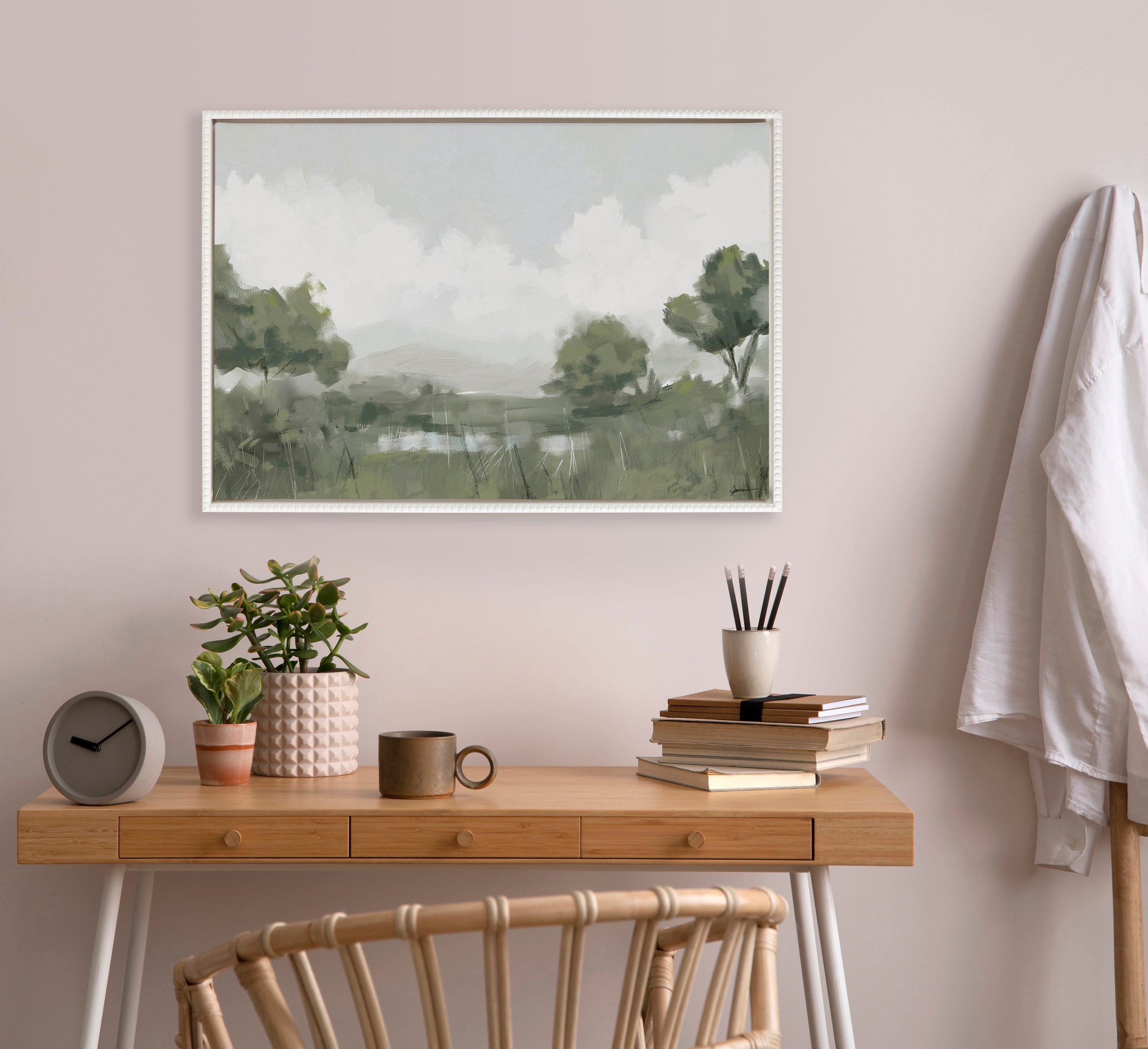 Sylvie Beaded Shades of Olive Framed Canvas by Mary Sparrow