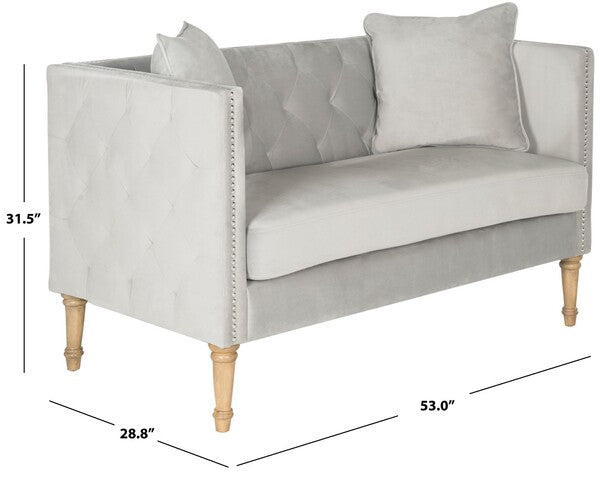 Sarah Grey-Washed Oak Tufted Settee With Pillows - The Mayfair Hall