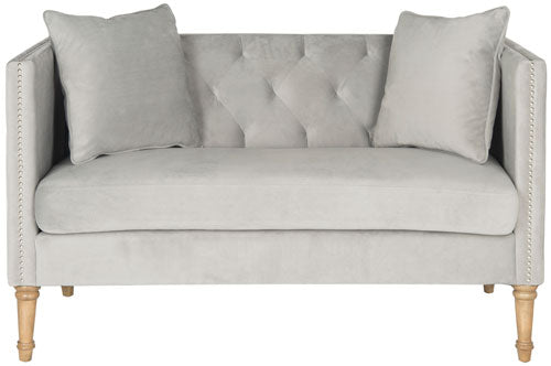 Sarah Grey-Washed Oak Tufted Settee With Pillows - The Mayfair Hall