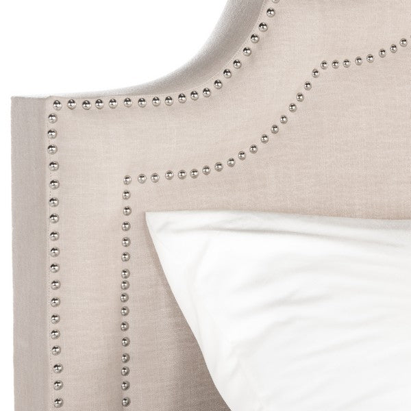 Theron Upholstered Bed in Light Beige with Silver Nailhead Trim
