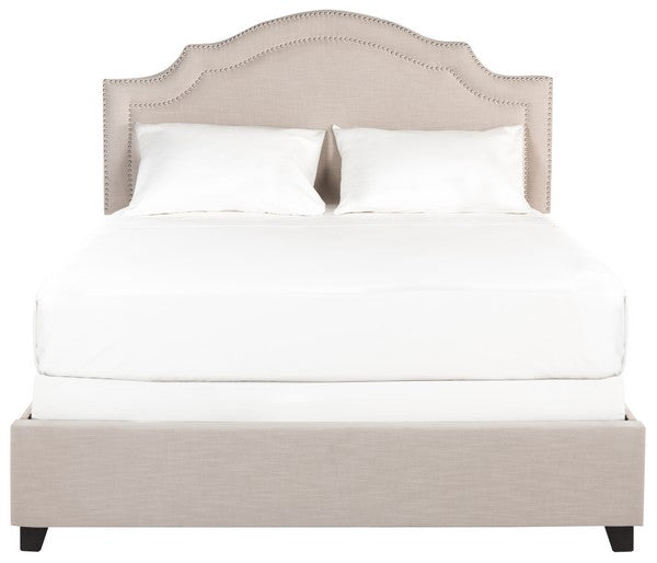 Theron Upholstered Bed in Light Beige with Silver Nailhead Trim
