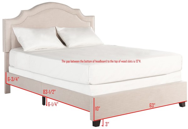 Theron Upholstered Bed in Light Beige with Silver Nailhead Trim