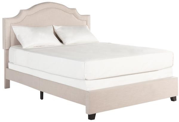 Theron Upholstered Bed in Light Beige with Silver Nailhead Trim