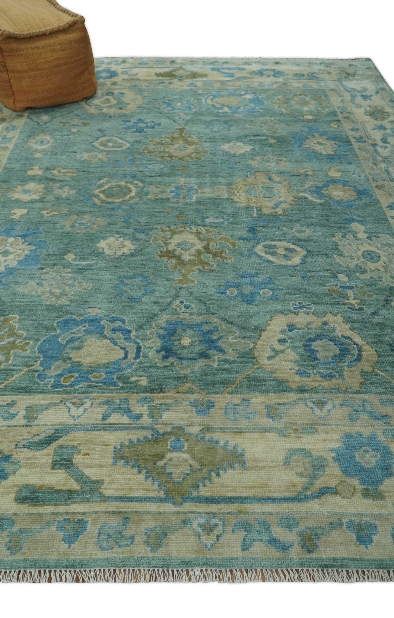 Green, Beige and Blue Hand knotted Traditional Oushak Multi Size Wool Area Rug