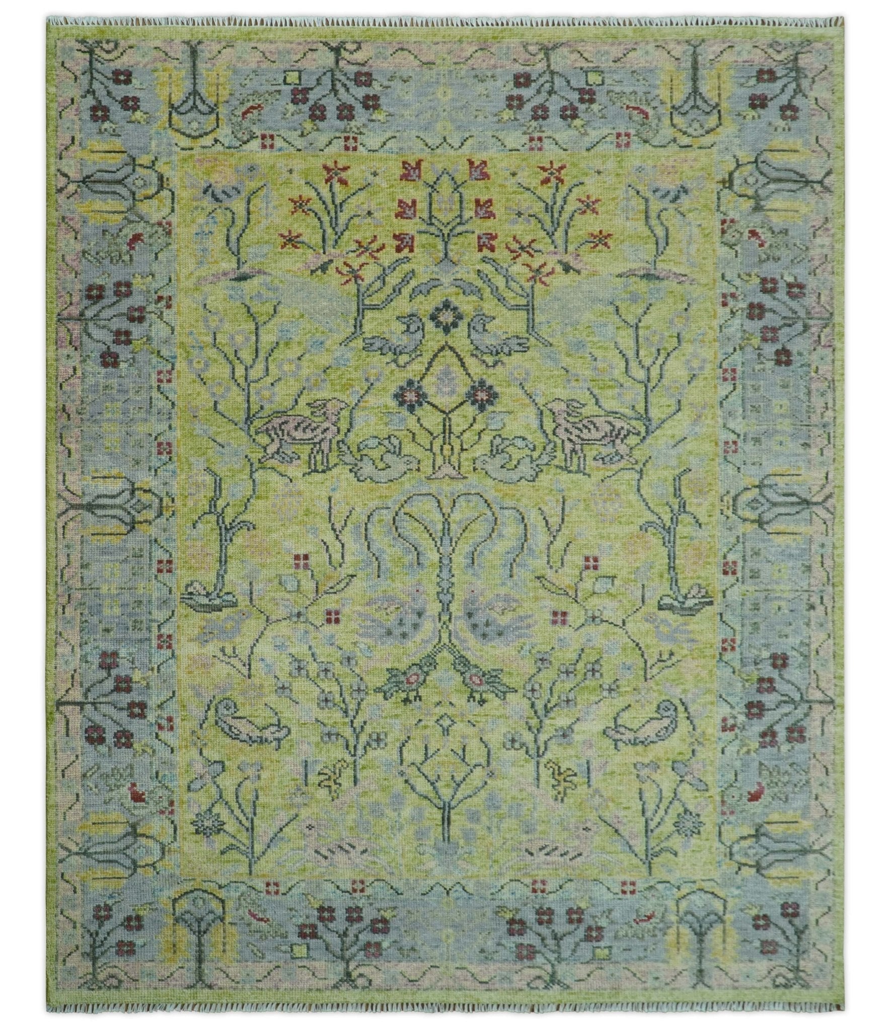Green, Blue And Red Plant and Branches Hand Knotted Custom Made wool area rug