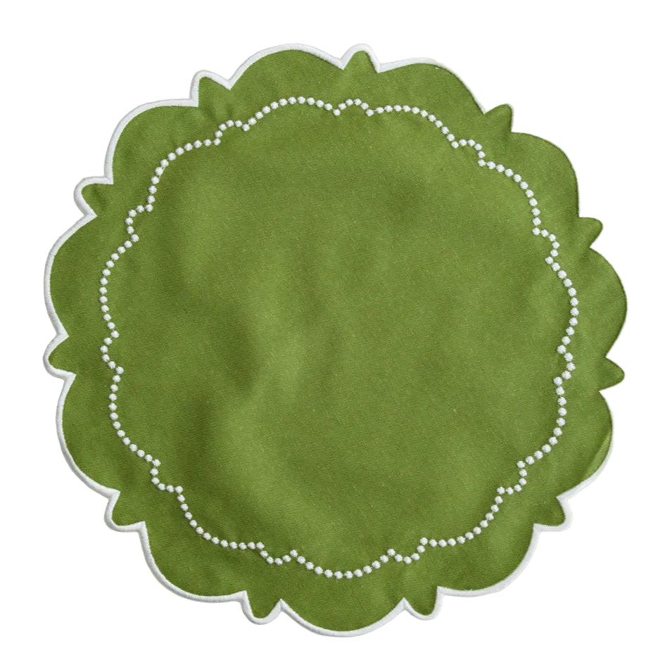 View of Harmony Round Cotton Placemat Set in Green; Cotton blend with silk-thread embroidery, by PNR Decor.