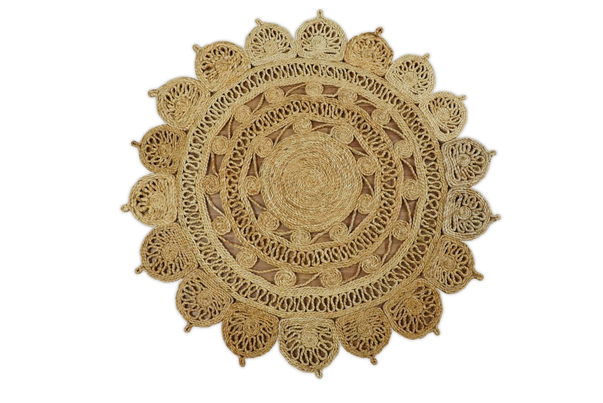 Hand Braided Solid Round Natural Brown Jute Silsal Rug
