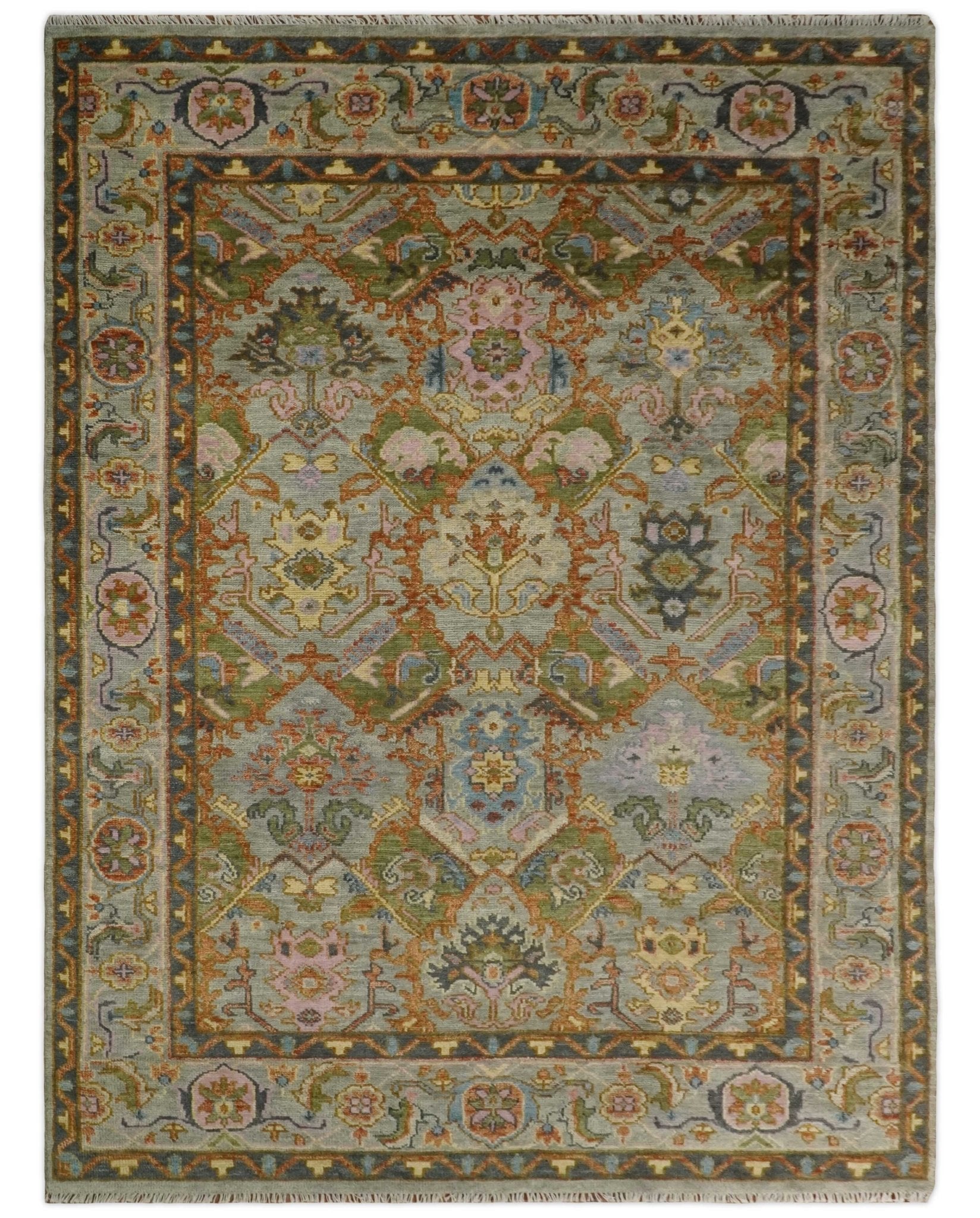 Hand Knotted Wool Area Rug in Olive, Green, Rust, and Gray with Traditional Antique Moss Oushak Design