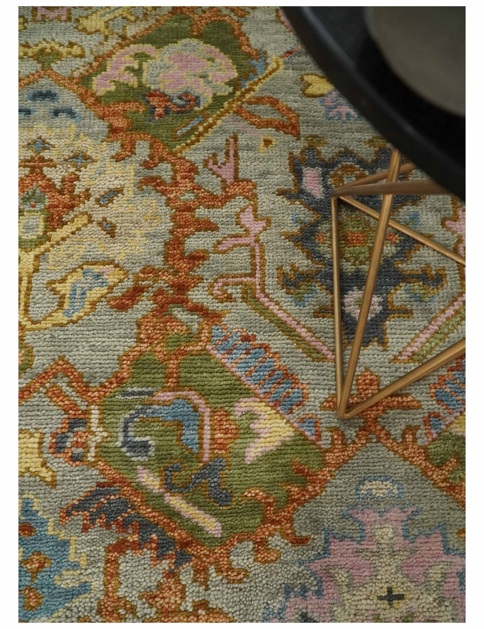 Hand Knotted Wool Area Rug in Olive, Green, Rust, and Gray with Traditional Antique Moss Oushak Design