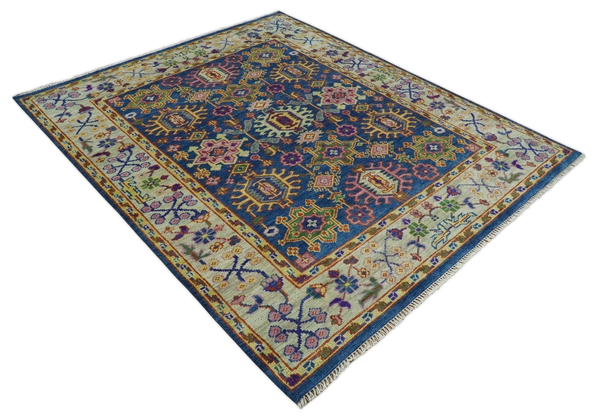 Hand Knotted 5x8, 6x9, 8x10, 9x12, 10x14 and 12x15 Blue and Beige Traditional Persian Oushak Wool Rug | TRDCP876 - The Rug Decor
