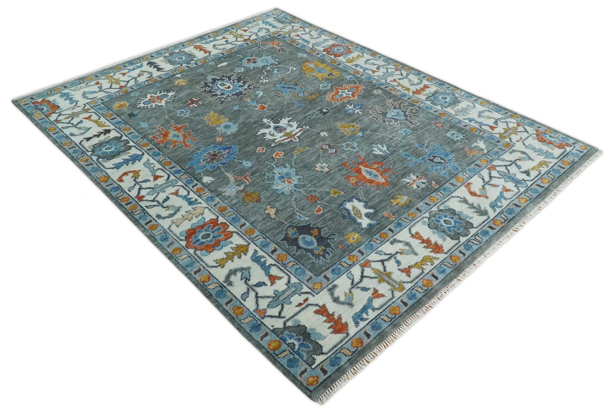 Hand Knotted 5x8, 6x9, 8x10, 9x12, 10x14 and 12x15 Charcoal and Ivory Traditional Persian Oushak Wool Rug | TRDCP944810 - The Rug Decor