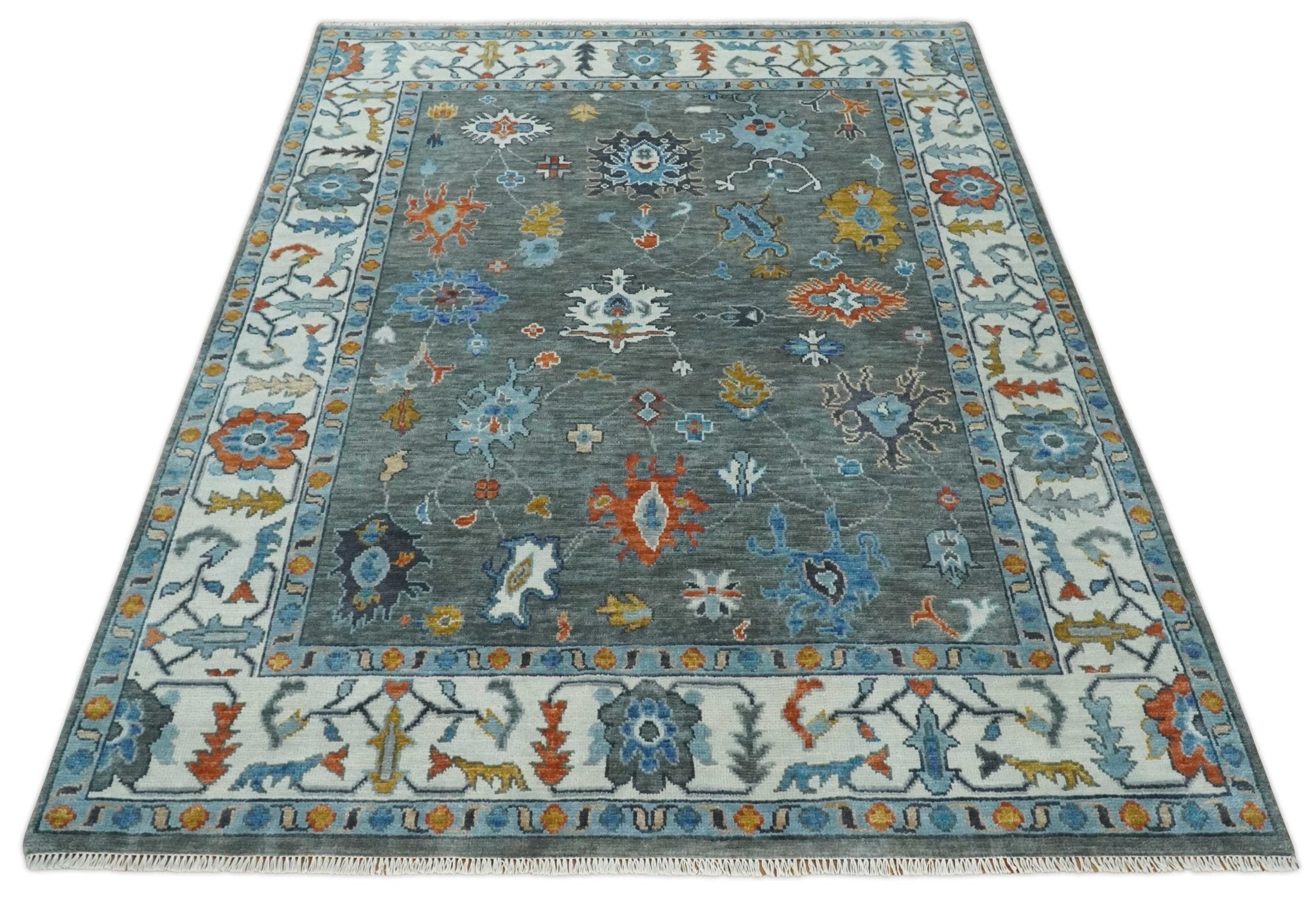 Hand Knotted 5x8, 6x9, 8x10, 9x12, 10x14 and 12x15 Charcoal and Ivory Traditional Persian Oushak Wool Rug | TRDCP944810 - The Rug Decor