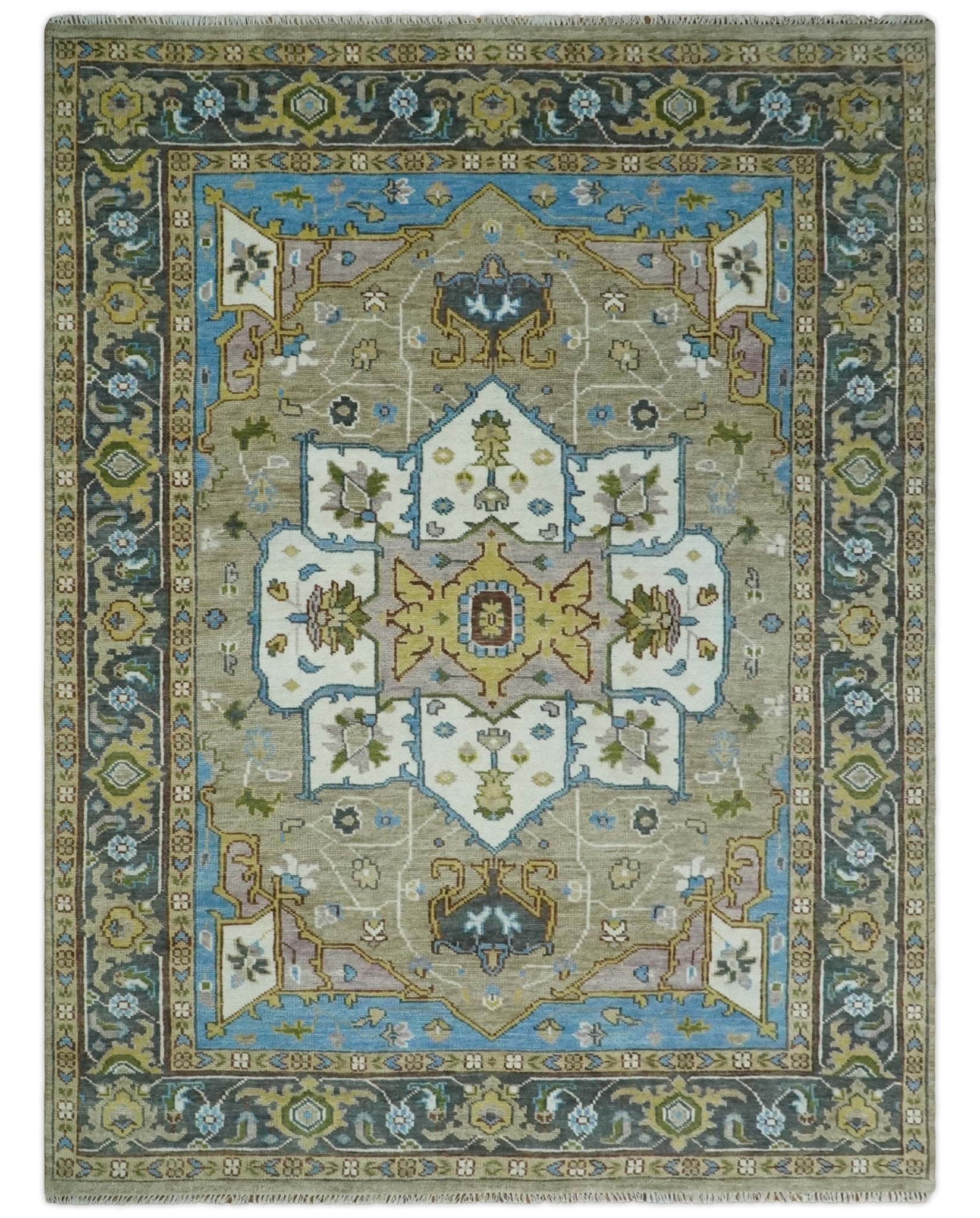 Hand Knotted 5x8, 6x9, 8x10, 9x12, 10x14 and 12x15 Ivory, Camel and Teal Modern Traditional Persian Heriz Serapi Wool Rug | TRDCP881912 - The Rug Decor
