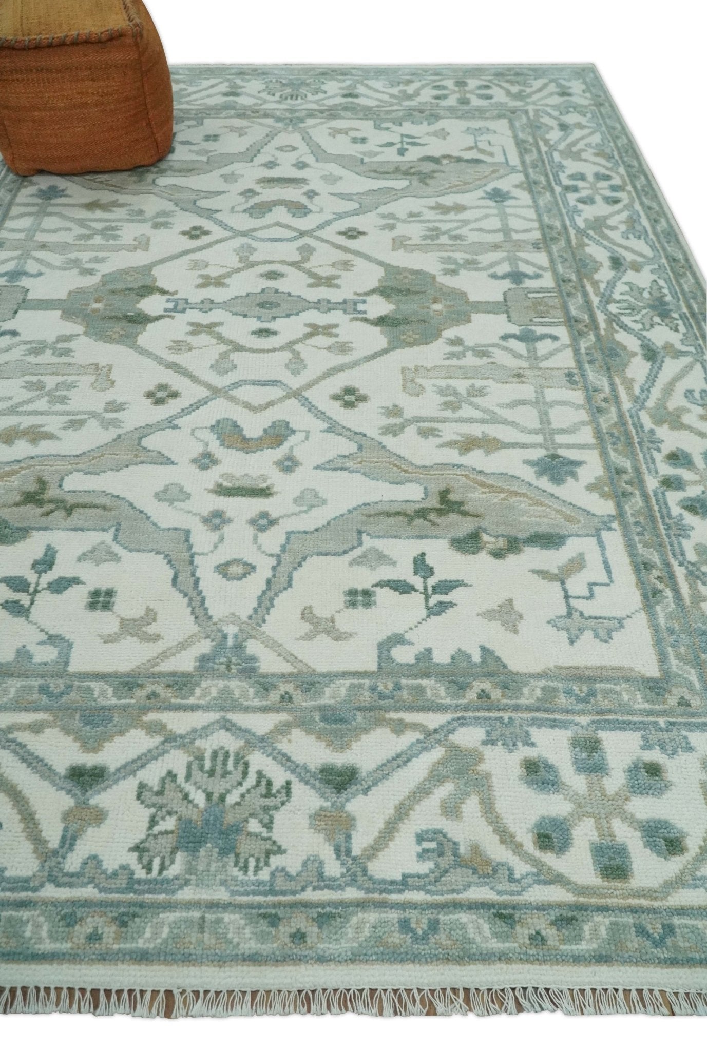Hand Knotted 8x10, 9x12, 10x14 and 12x15 Oriental Oushak Ivory and Blue Wool Area Rug | TRDCP1113 - The Rug Decor